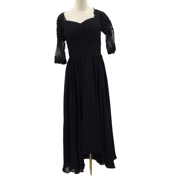 FORMAL SZ 12 L black pleated beaded embroidered lace up hi low maxi dress B169 - Picture 1 of 8